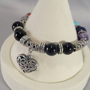 Chakra Healing Stone Stretch Bracelet Multicolor Gemstone Heart Charm Jewelry